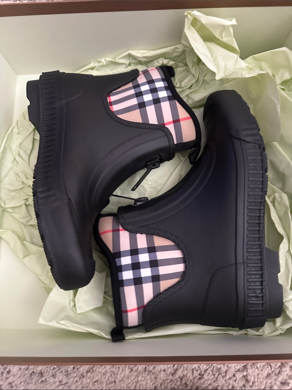 Burberry Black Chelsea Rain Booties with Signature Beige Check